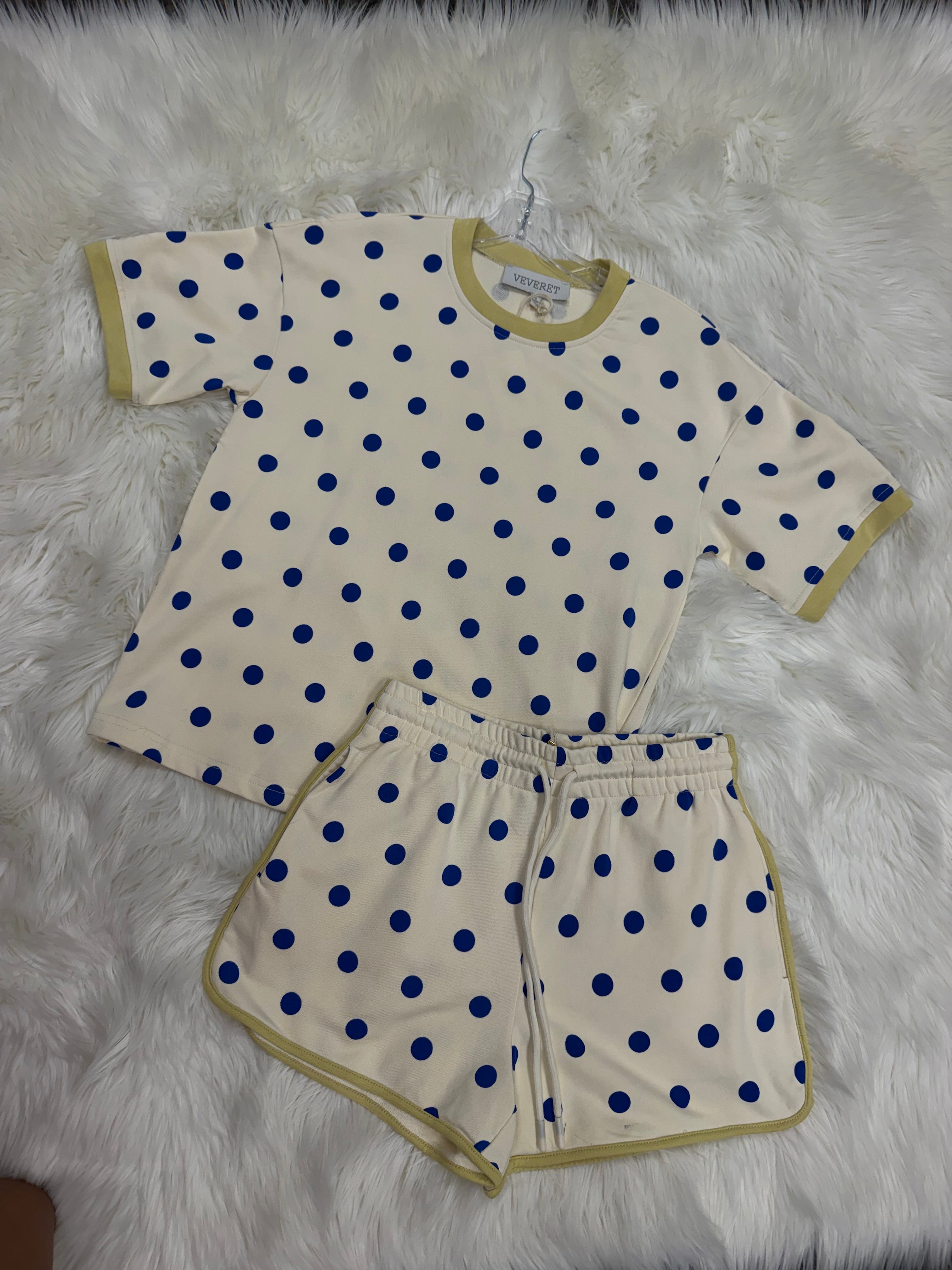 Cream and Blue Polka Dot